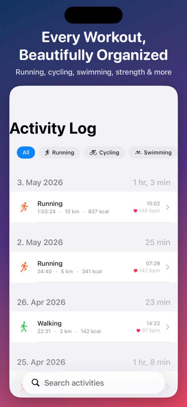 Activity log with filtering by type