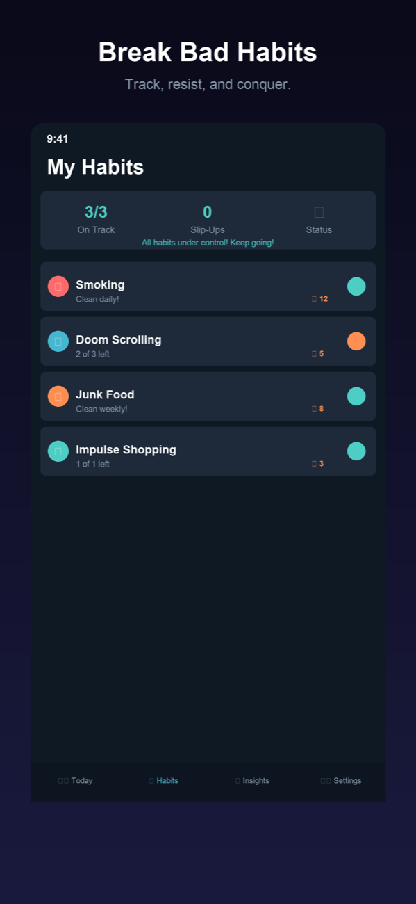 Habit tracking list with streaks and slip-up counts
